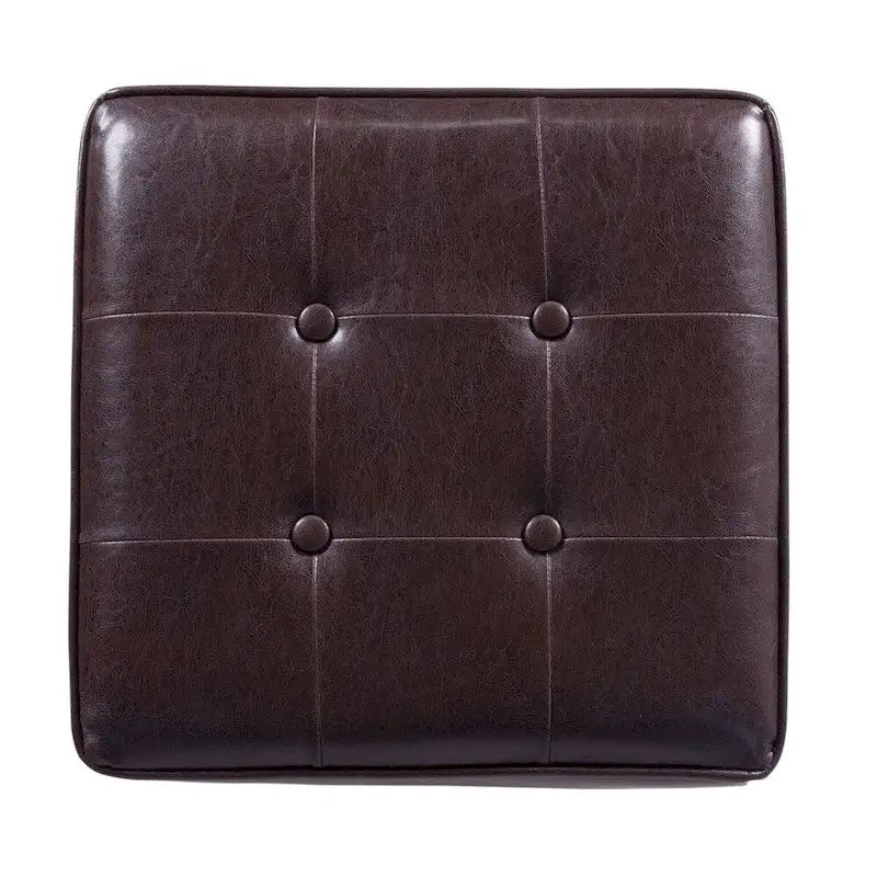 Pouf de rangement carré capitonné en similicuir avec pieds en bois marron