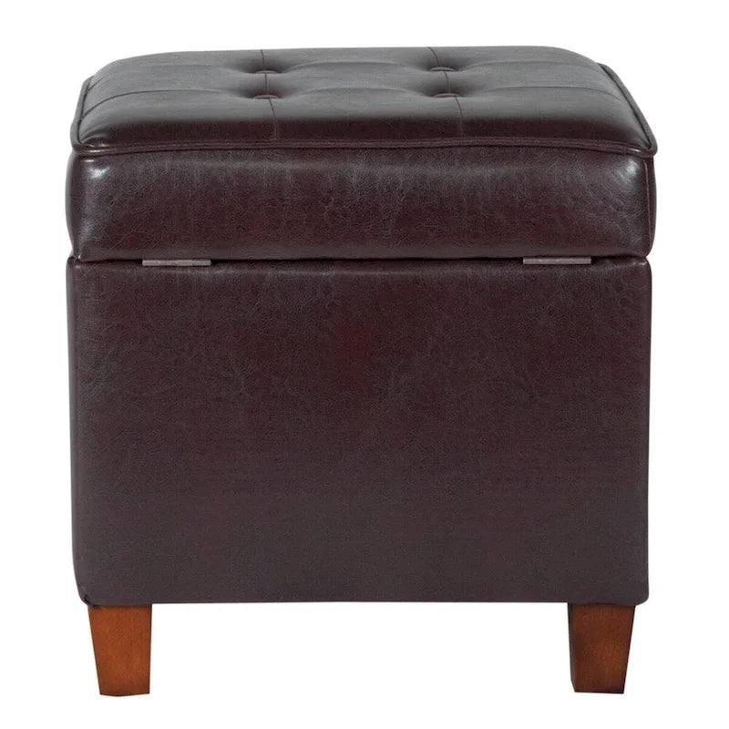 Square Tufted Faux Leather Storage Ottoman with Wood Legs Brown
