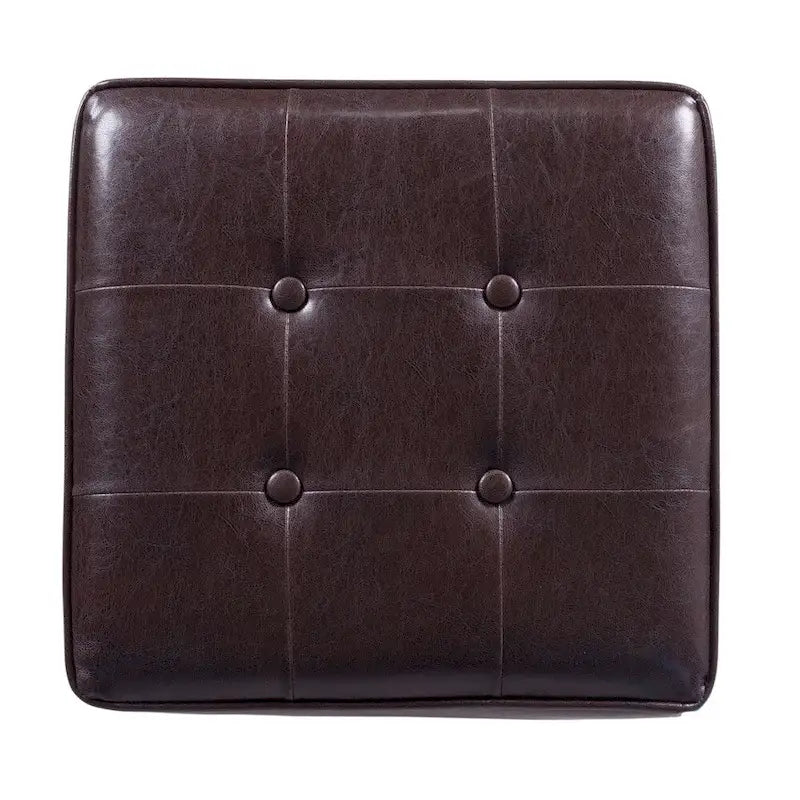 Pouf de rangement carré capitonné en similicuir avec pieds en bois marron