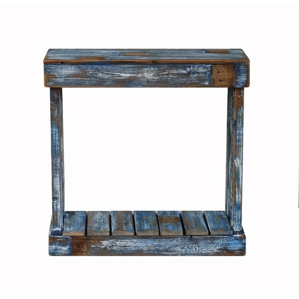 Table d'appoint rustique en bois de récupération, finition bleue vieillie, avec étagère inférieure