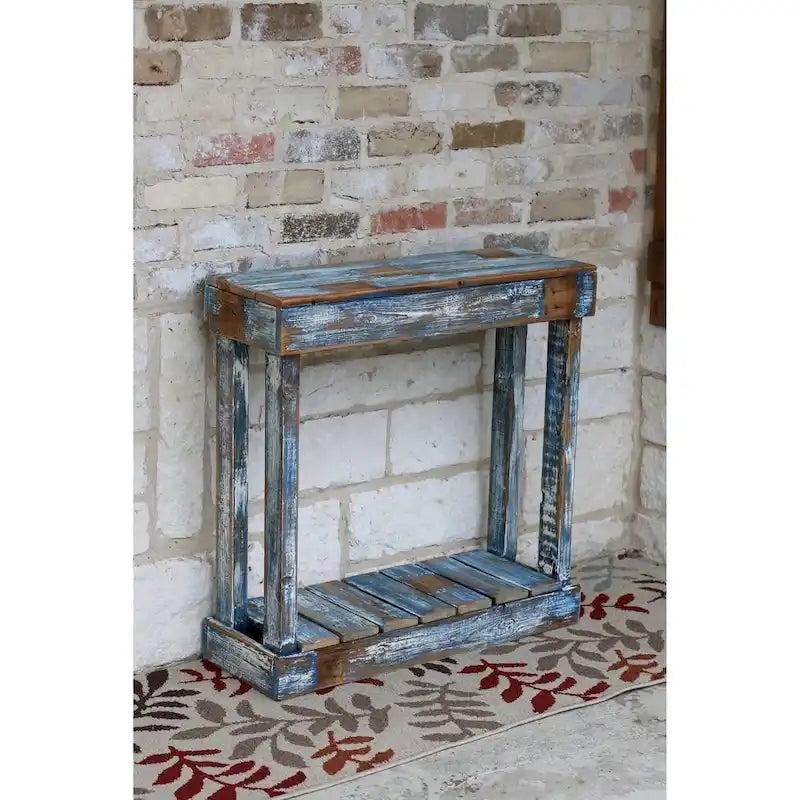 Table d'appoint rustique en bois de récupération, finition bleue vieillie, avec étagère inférieure