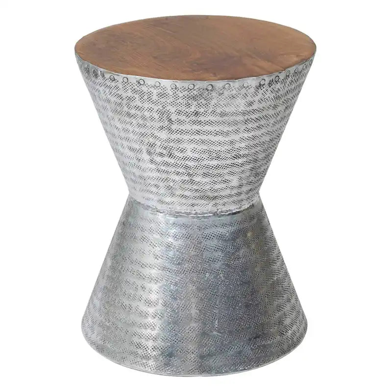 Hammered Aluminum and Teak Wood Hourglass Accent Side Table Silver