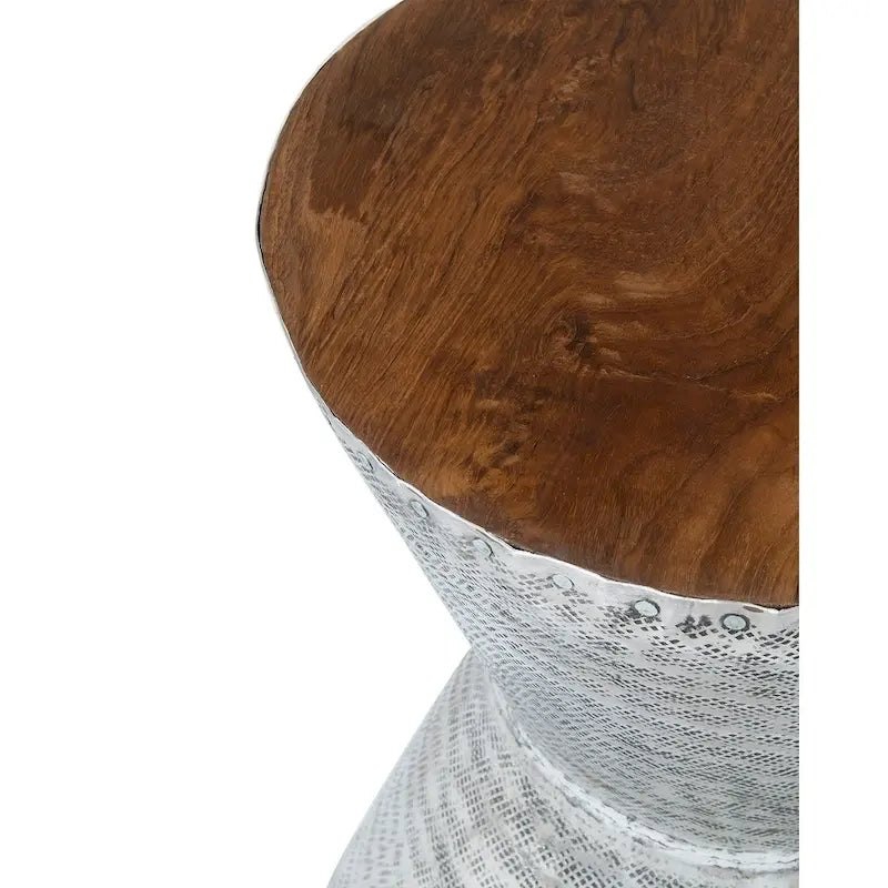 Hammered Aluminum and Teak Wood Hourglass Accent Side Table Silver