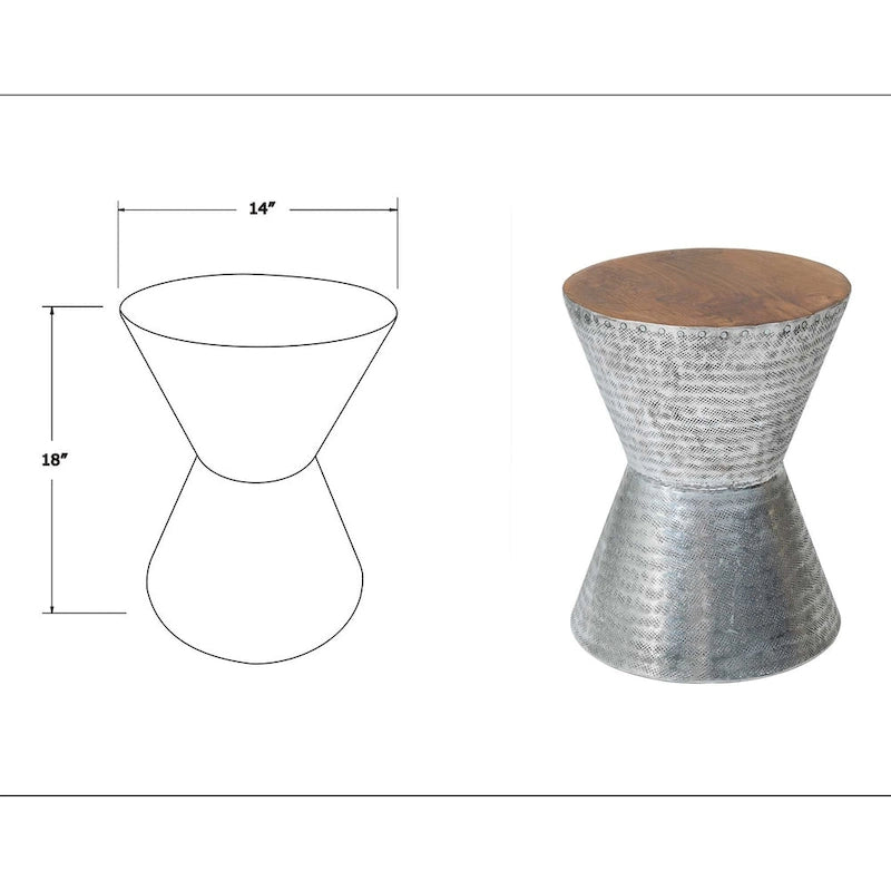 Hammered Aluminum and Teak Wood Hourglass Accent Side Table Silver