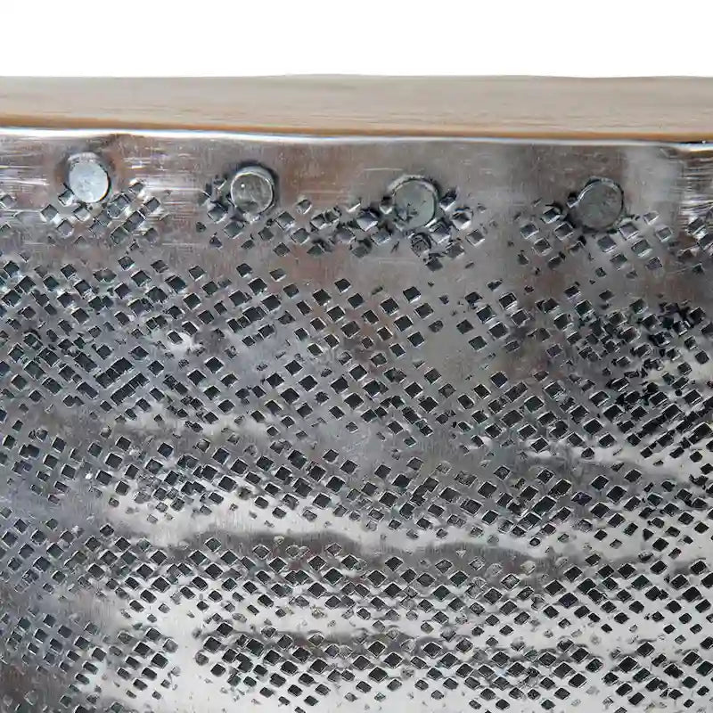 Hammered Aluminum and Teak Wood Hourglass Accent Side Table Silver