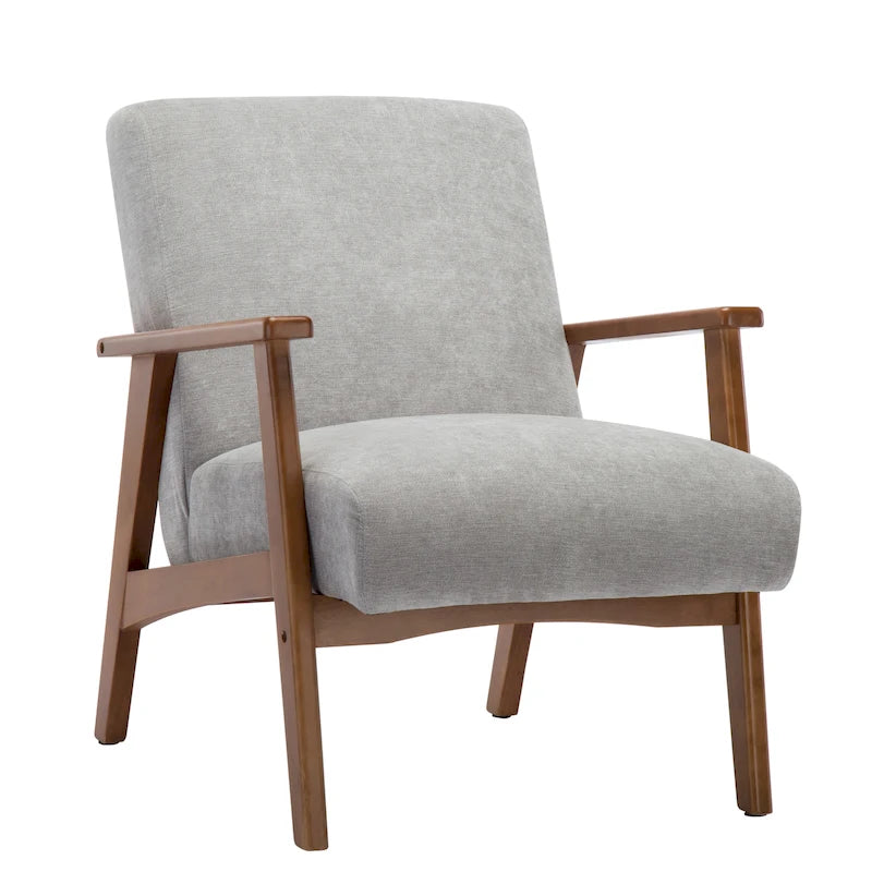 Grey Suede Accent Chair with Beech Wood Arms and Legs