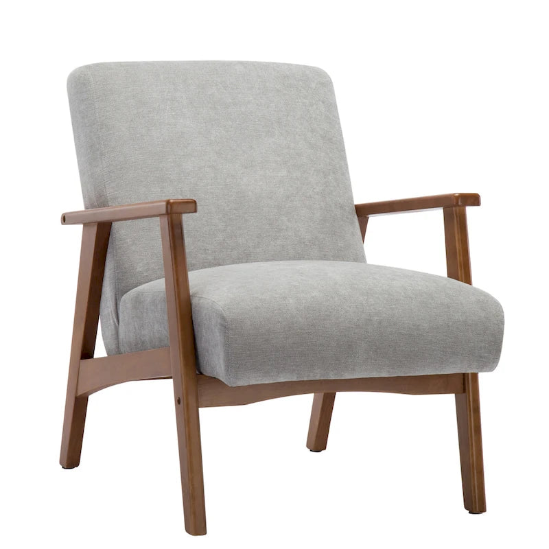 Grey Suede Accent Chair with Beech Wood Arms and Legs