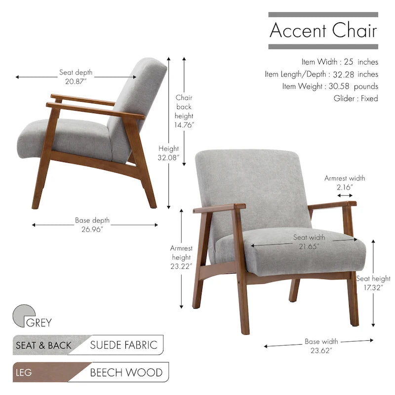 Grey Suede Accent Chair with Beech Wood Arms and Legs