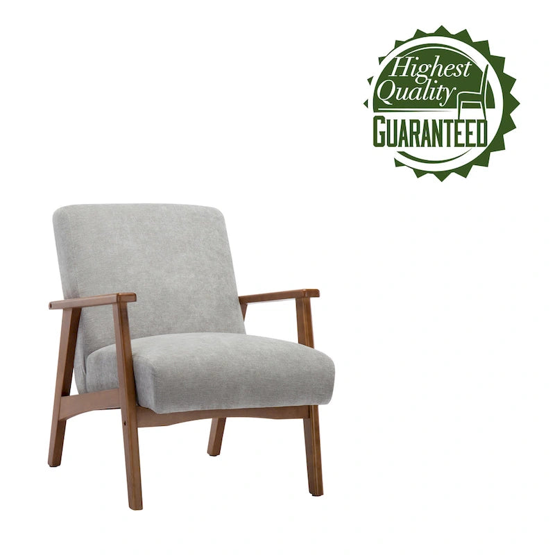 Fauteuil d'appoint en daim gris avec accoudoirs et pieds en bois de hêtre