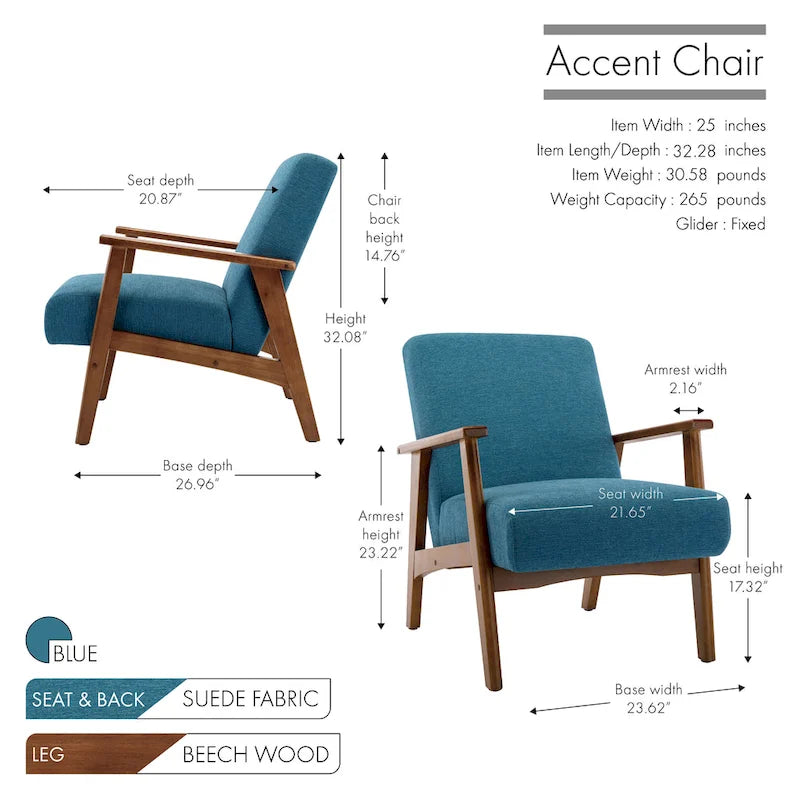 Fauteuil d'appoint en daim gris avec accoudoirs et pieds en bois de hêtre