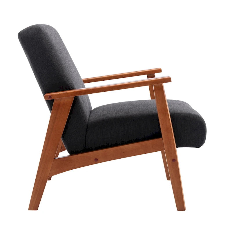Fauteuil d'appoint en daim gris avec accoudoirs et pieds en bois de hêtre