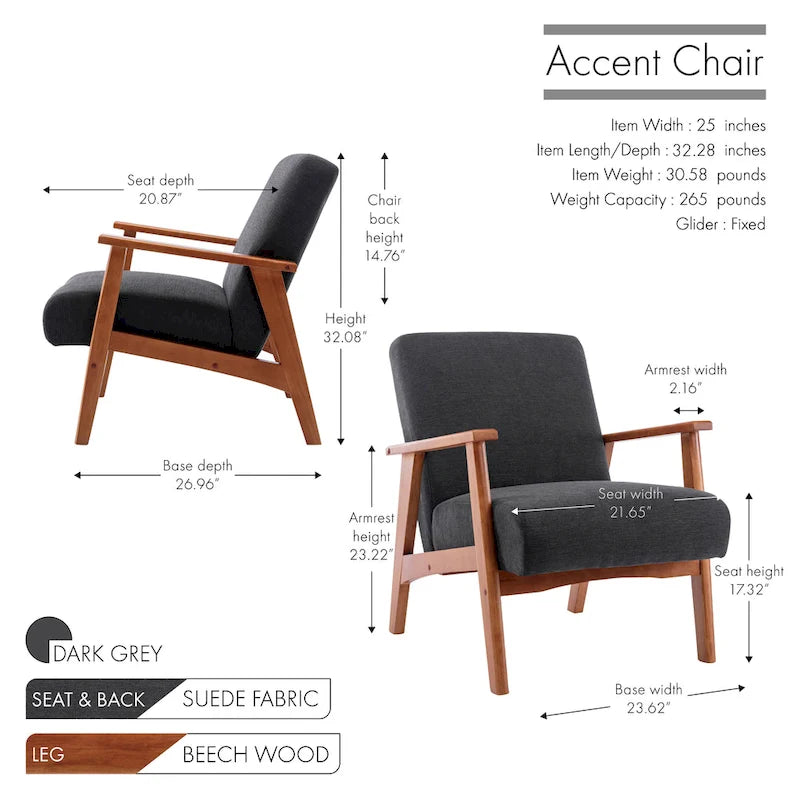 Fauteuil d'appoint en daim gris avec accoudoirs et pieds en bois de hêtre