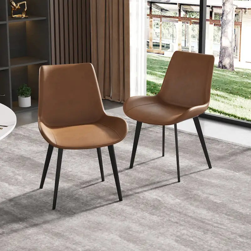 Modern Faux Leather Dining Chair with Ergonomic Back and Metal Legs, Brown