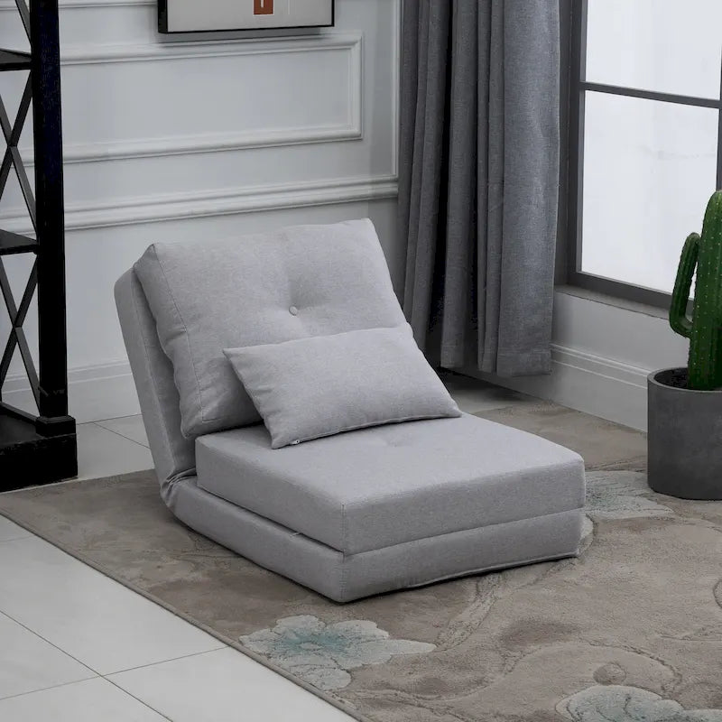Convertible Folding Linen Floor Sofa Chair Bed with Adjustable Backrest, Light Grey