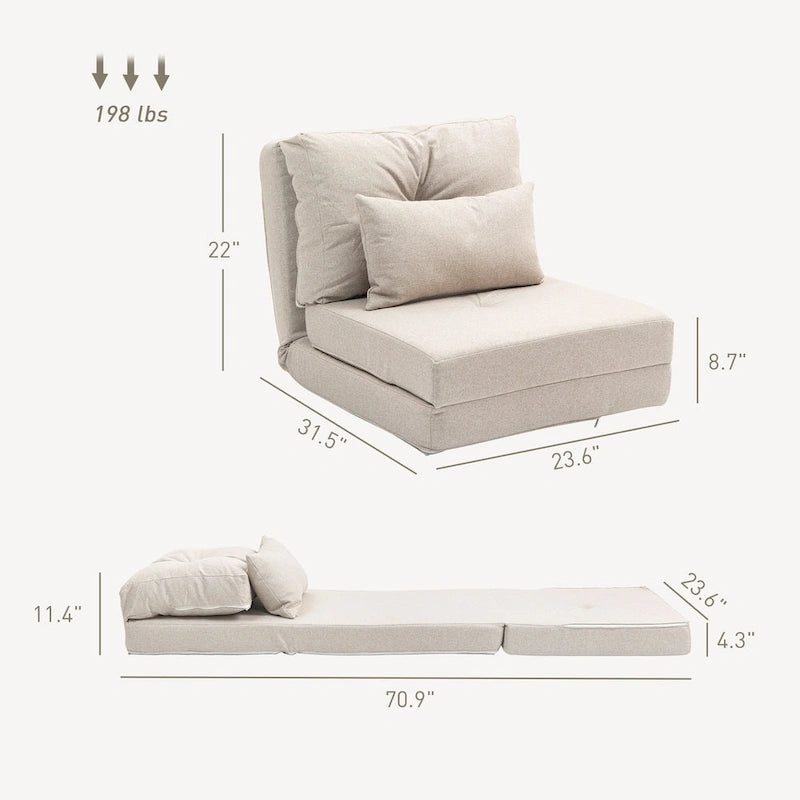 Convertible Folding Linen Floor Sofa Chair Bed with Adjustable Backrest, Light Grey