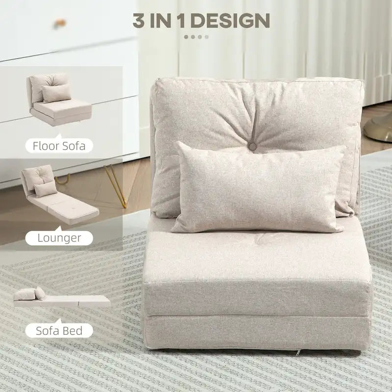 Convertible Folding Linen Floor Sofa Chair Bed with Adjustable Backrest, Light Grey