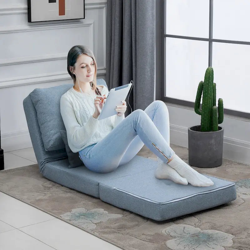 Fauteuil-lit pliant convertible en lin avec dossier réglable, gris clair