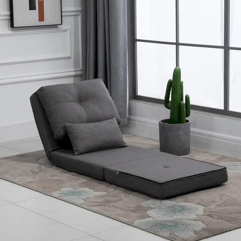 Fauteuil-lit pliant convertible en lin avec dossier réglable, gris clair