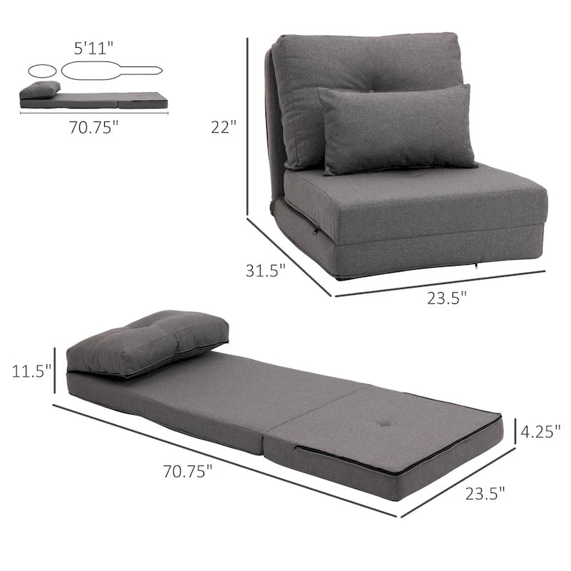 Fauteuil-lit pliant convertible en lin avec dossier réglable, gris clair