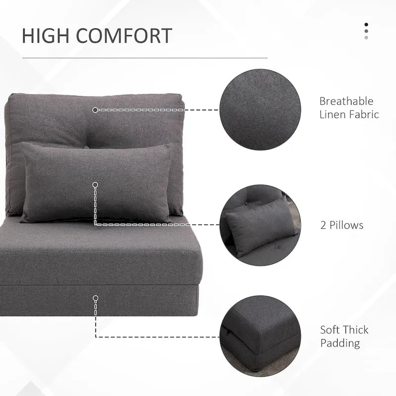Fauteuil-lit pliant convertible en lin avec dossier réglable, gris clair