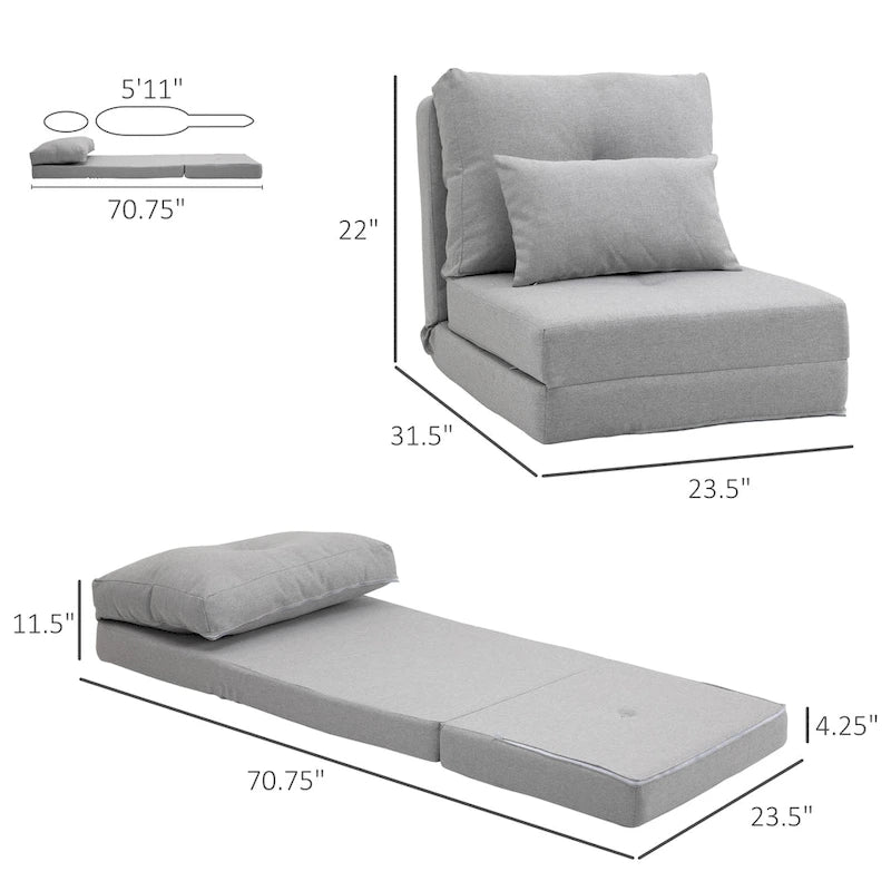 Fauteuil-lit pliant convertible en lin avec dossier réglable, gris clair