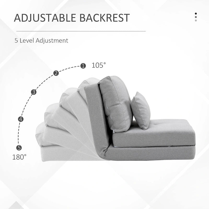 Fauteuil-lit pliant convertible en lin avec dossier réglable, gris clair