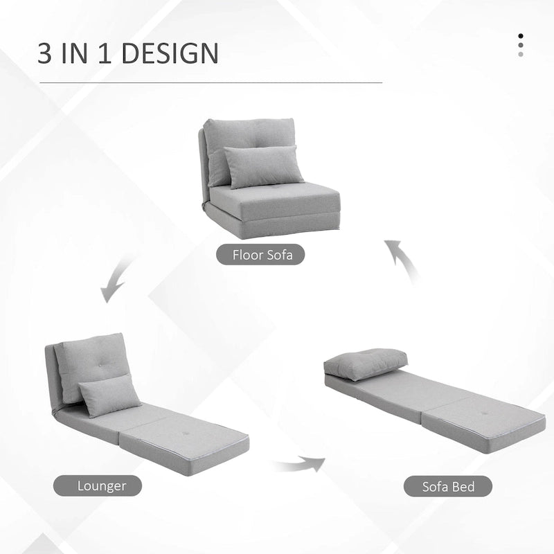 Fauteuil-lit pliant convertible en lin avec dossier réglable, gris clair