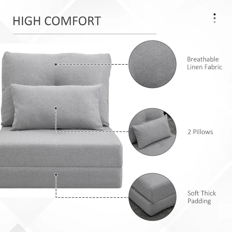 Fauteuil-lit pliant convertible en lin avec dossier réglable, gris clair