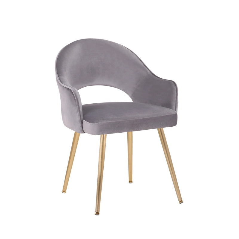 Velvet Dining Chair with Gold Metal Legs and Cut-Out Back, Aqua Grey Rose