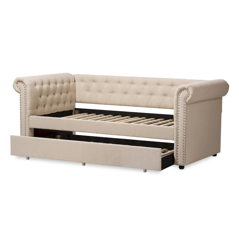 Upholstered Daybed with Roll-Out Trundle and Nail Head Trim in Beige or Grey