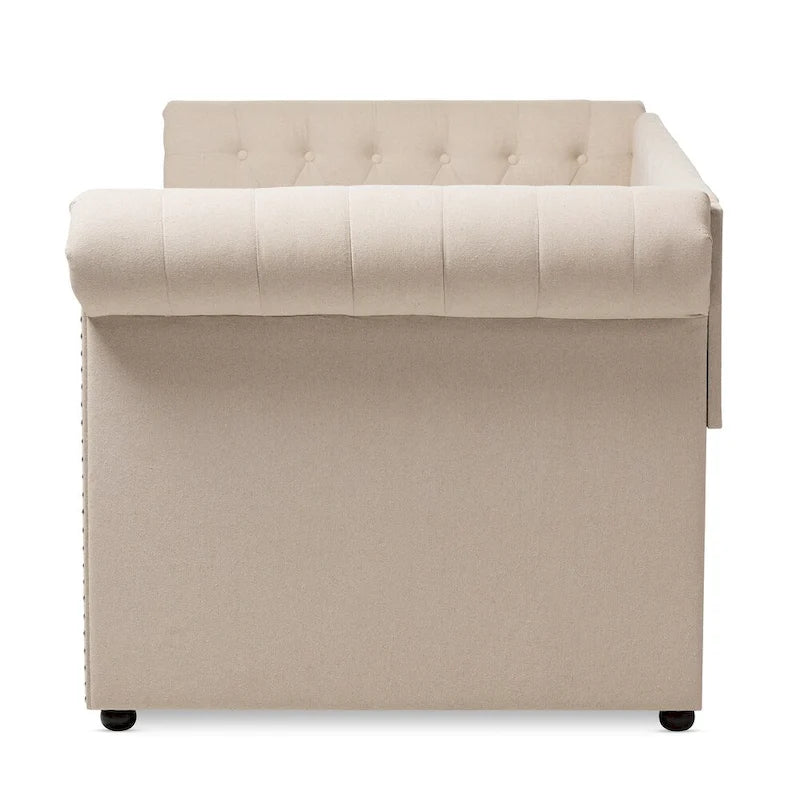 Upholstered Daybed with Roll-Out Trundle and Nail Head Trim in Beige or Grey