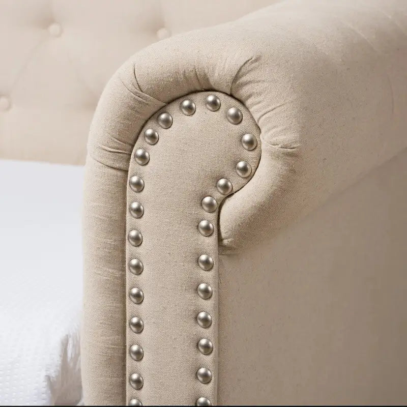 Upholstered Daybed with Roll-Out Trundle and Nail Head Trim in Beige or Grey