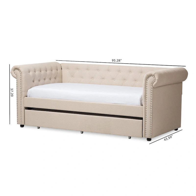 Lit de repos rembourré avec lit gigogne escamotable et garniture cloutée beige ou grise