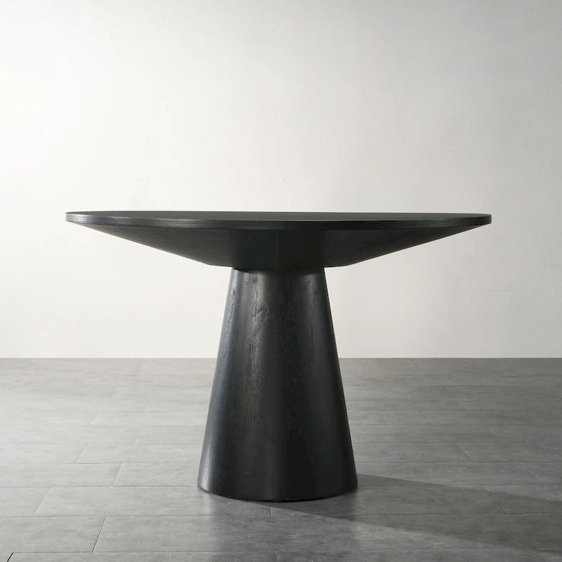 Table à manger ronde à pied central MDF placage chêne piètement en hévéa ébène bois flotté blanc