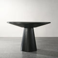 Table à manger ronde à pied central MDF placage chêne piètement en hévéa ébène bois flotté blanc