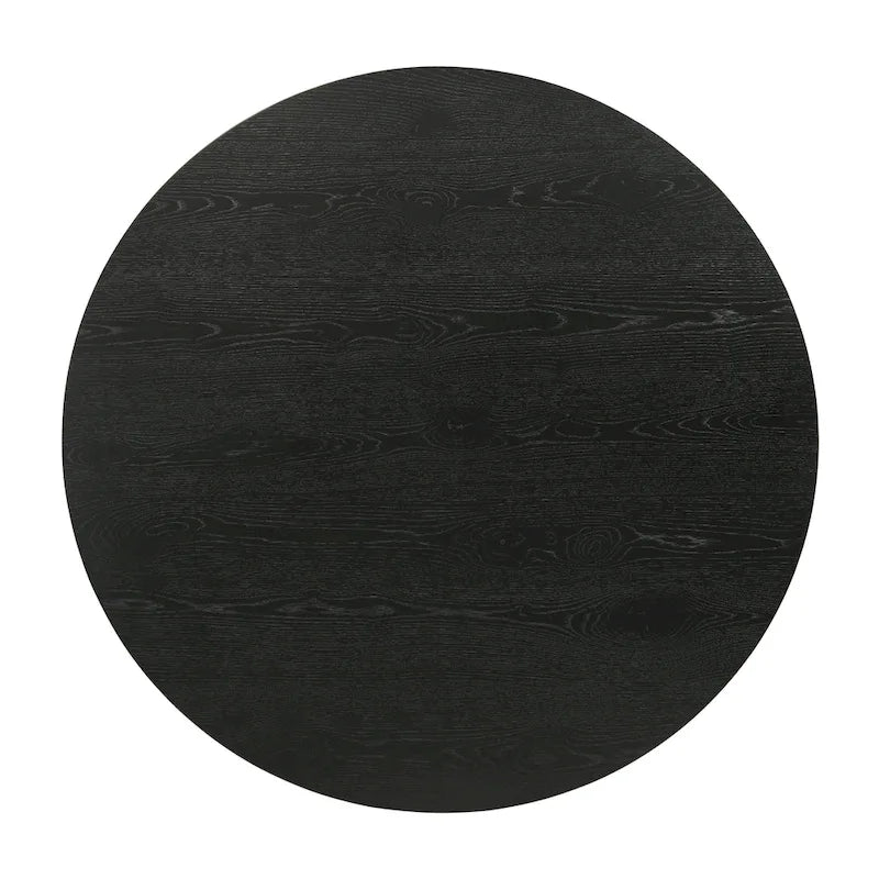Table à manger ronde à pied central MDF placage chêne piètement en hévéa ébène bois flotté blanc