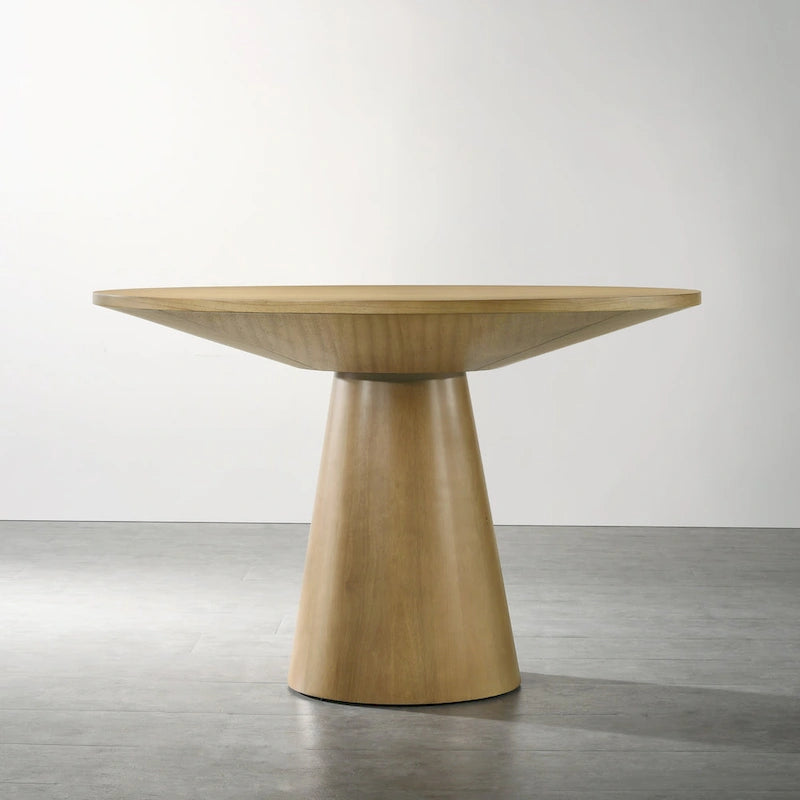 Table à manger ronde à pied central MDF placage chêne piètement en hévéa ébène bois flotté blanc