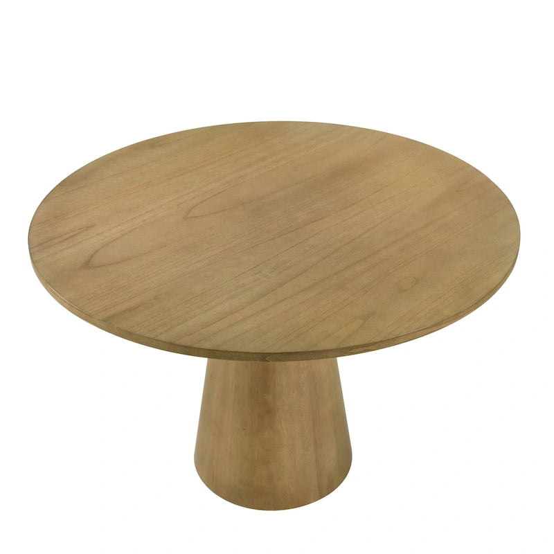 Table à manger ronde à pied central MDF placage chêne piètement en hévéa ébène bois flotté blanc
