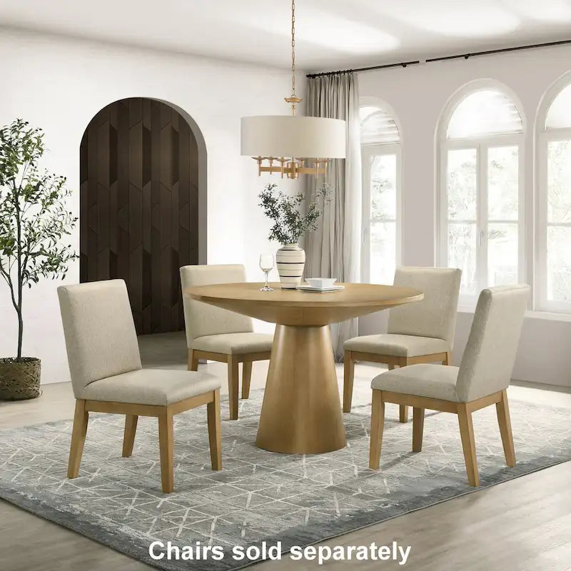 Table à manger ronde à pied central MDF placage chêne piètement en hévéa ébène bois flotté blanc