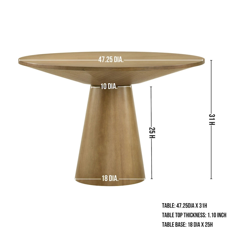 Table à manger ronde à pied central MDF placage chêne piètement en hévéa ébène bois flotté blanc