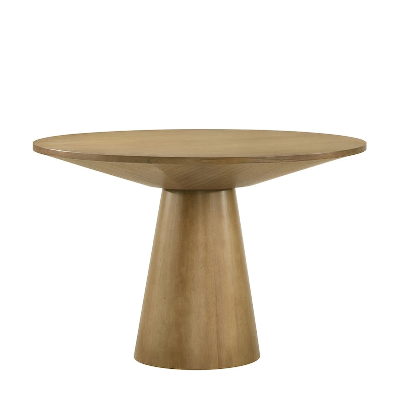 Table à manger ronde à pied central MDF placage chêne piètement en hévéa ébène bois flotté blanc