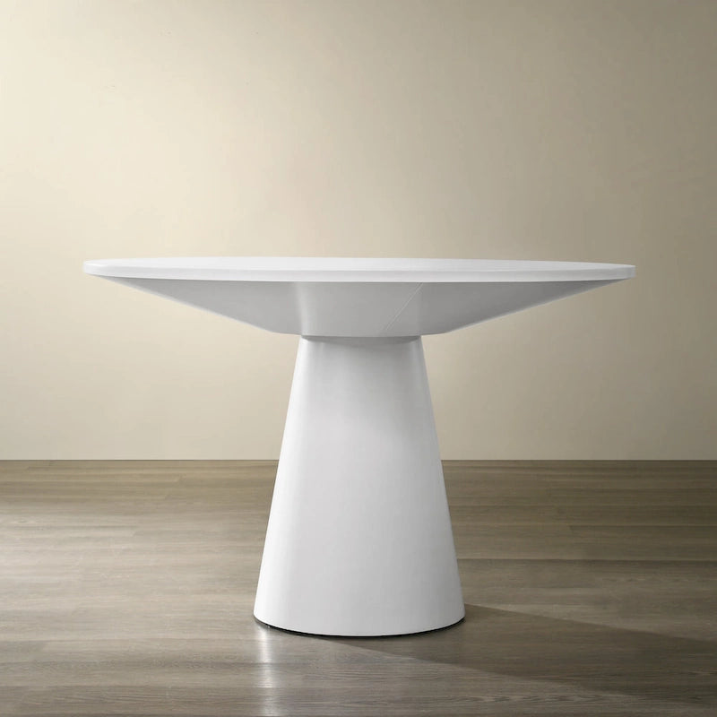 Table à manger ronde à pied central MDF placage chêne piètement en hévéa ébène bois flotté blanc
