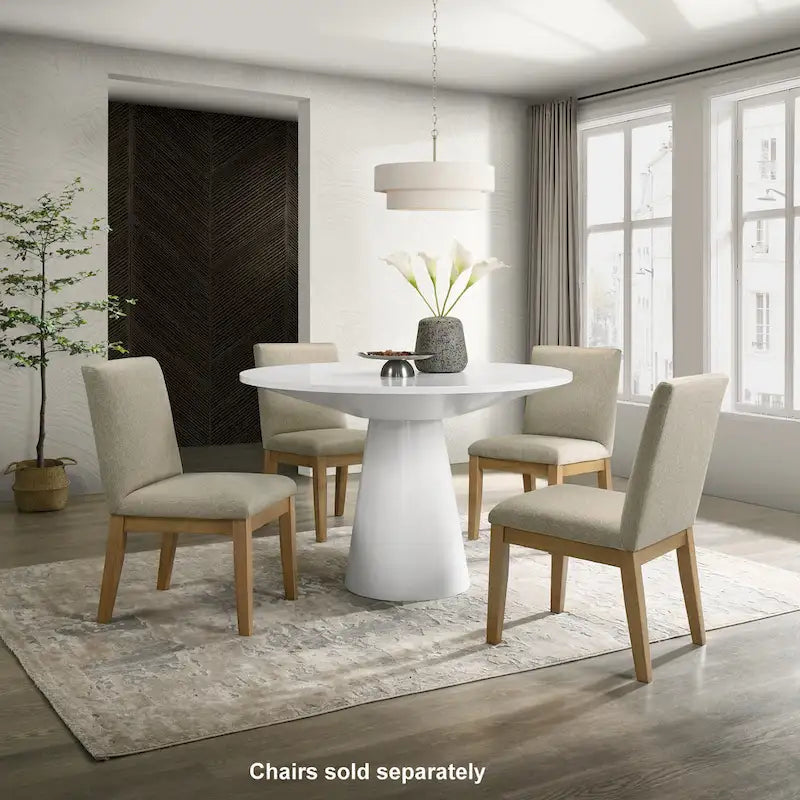 Table à manger ronde à pied central MDF placage chêne piètement en hévéa ébène bois flotté blanc