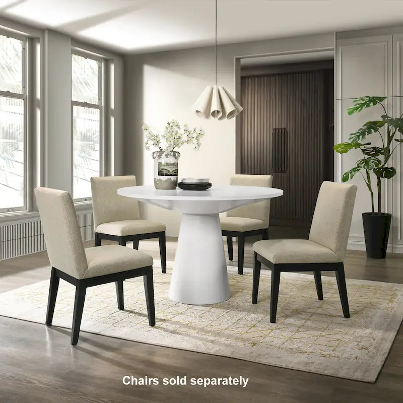 Table à manger ronde à pied central MDF placage chêne piètement en hévéa ébène bois flotté blanc