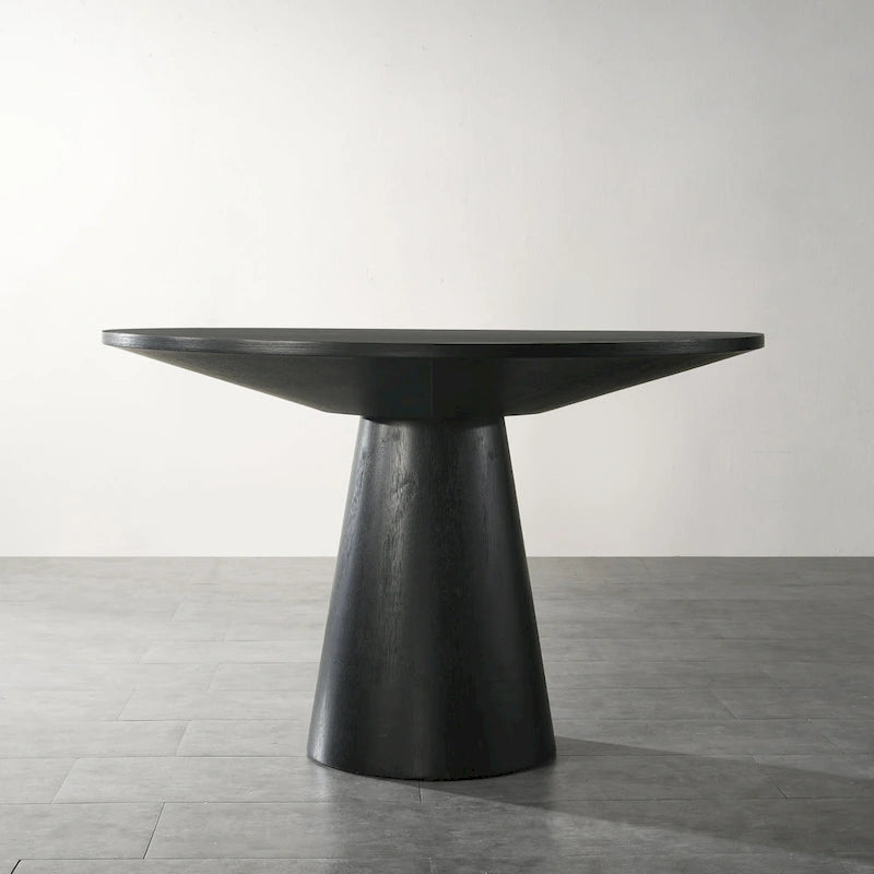 Table à manger ronde à pied central MDF placage chêne piètement en hévéa ébène bois flotté blanc