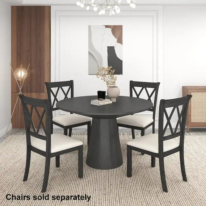 Table à manger ronde à pied central MDF placage chêne piètement en hévéa ébène bois flotté blanc