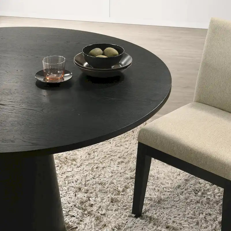 Table à manger ronde à pied central MDF placage chêne piètement en hévéa ébène bois flotté blanc