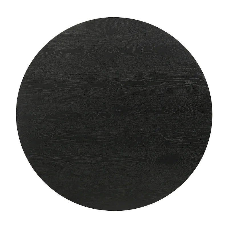 Table à manger ronde à pied central MDF placage chêne piètement en hévéa ébène bois flotté blanc