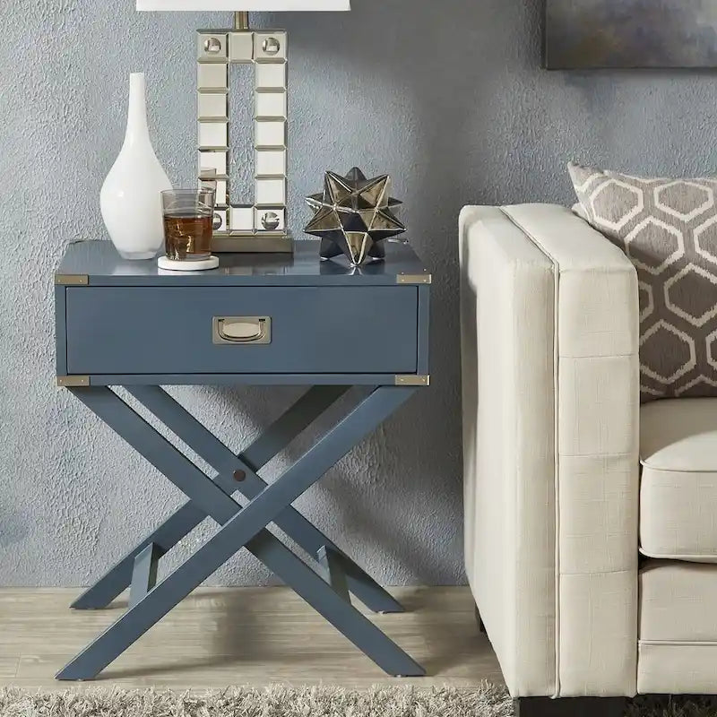 Table d'appoint en bois style campagne X-Base avec tiroir bleue