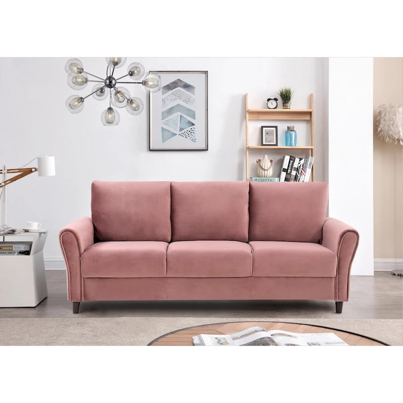 Classic Fabric Upholstered 3-Seater Sofa with Rounded Arms Grey Blue Pink Cream